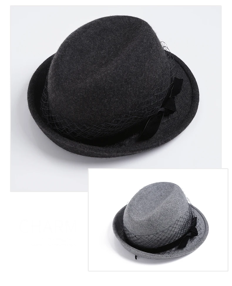 FS модная женская шляпа Fedora с вуалью винно-красная шерсть фетровая джазовая шляпа на зиму осень элегантные неровные поля черные церковные Свадебные шляпы