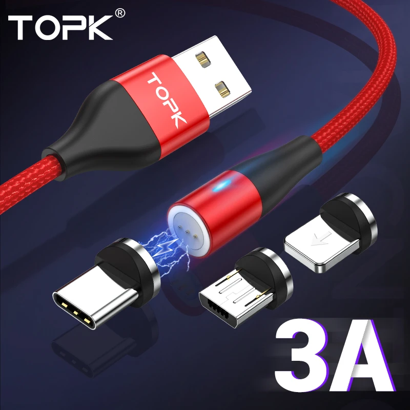 Магнитный usb-кабель TOPK 1 м 3 А, кабель для быстрой зарядки и передачи данных для iPhone Xs Max, Магнитный зарядный кабель Micro USB type-C для samsung S10
