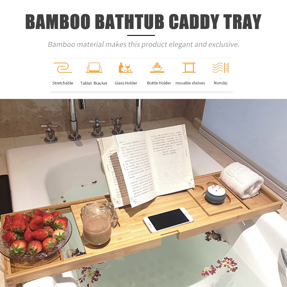 Выдвижной бамбуковый лоток для Ванной Caddy банный лоток деревянный Органайзер для ванной книга для ванной комнаты винный держатель для планшета полка для чтения