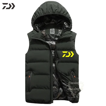 

Daiwa Hooded Windproof Thermal Thick Cotton Fishing Men Vest Solid Fishing Zipper Pocket Clothes Hiking Camping Fishing Clothing
