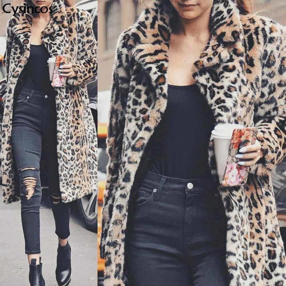 

Cysincos Women 2019 Autumn Winter Sexy Lapel Cardigan Plush Slim Jacket Warm Knitted Leopard Outwear Long Fashion Coat Tops