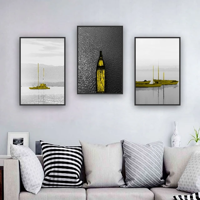 Nordic Poster Grey Sky Golden Boats and Ships Were Sailing On Grey Lake Canvas Painting for Living Room Corridor Decoration