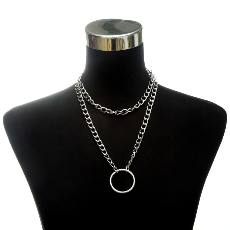 New Chain necklace women/men punk rock circle pendant necklace Vintage emo grunge Goth jewelry - Окраска металла: silver