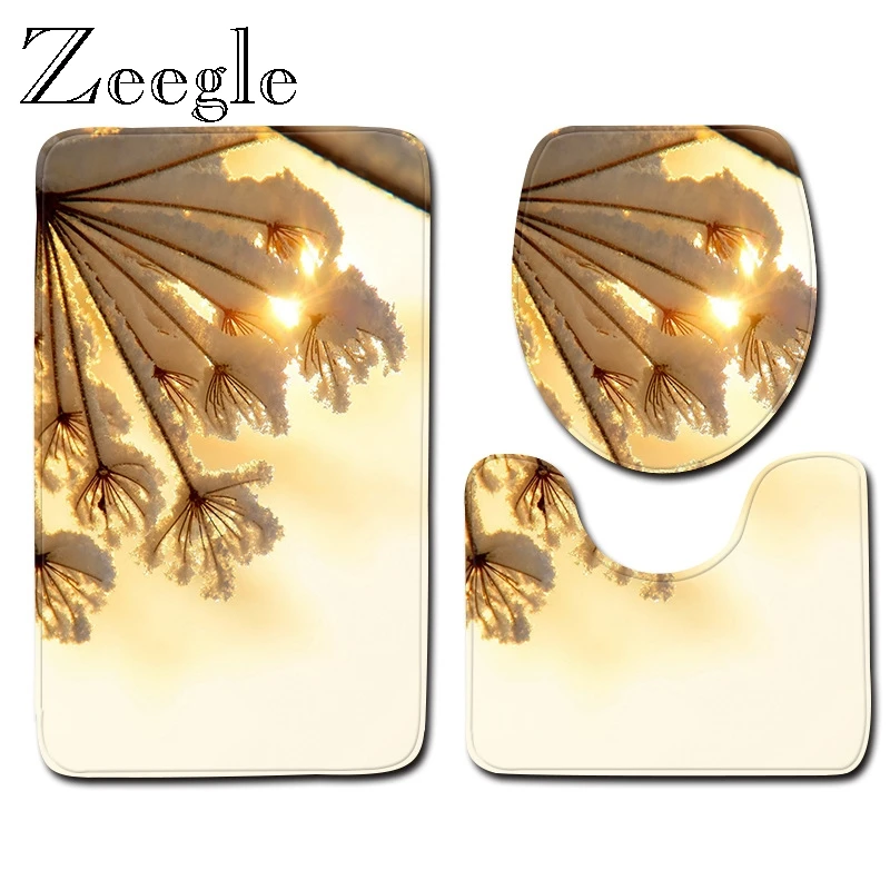 Zeegle 3D Natural Bath Mat Set Flannel Absorbent Toilet Pedestal Rug Anti Slip Foot Mat Toilet Seat Cover Mat 3pcs Toilet Set