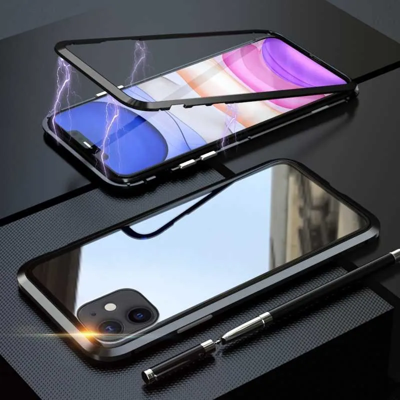 black Чехол для iPhone 11 Pro Max, металлическая рамка, закаленное стекло, Магнитный чехол, модный защитный чехол, роскошный алюминиевый сплав - Цвет: black