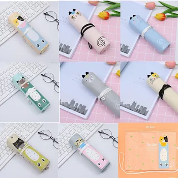 

Cute Cartoon Cat Canvas Pencil Case Rolling Curtain Dual Purpose Multi-function Pen Bag Students Kawaii Stationery Art supplies