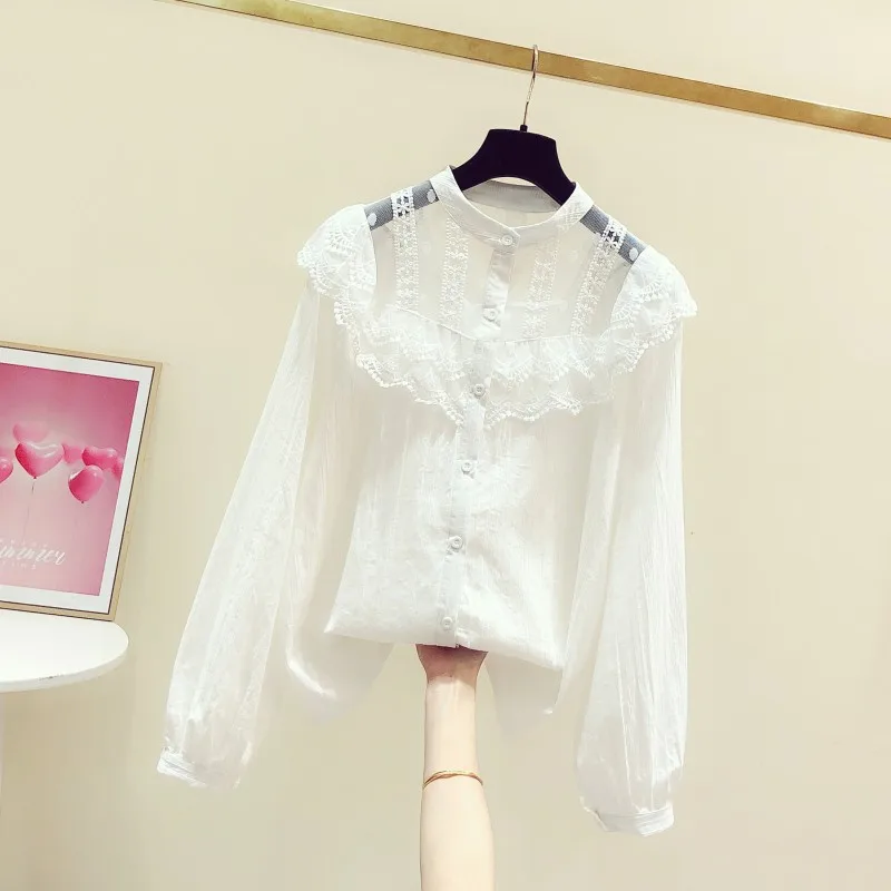 

2020 Spring New Lace Ruffle Panel Round Neck Mesh Cutout Long-Sleeve Shirt Women's Temperament Shirt Blouse Blusas Femme Top