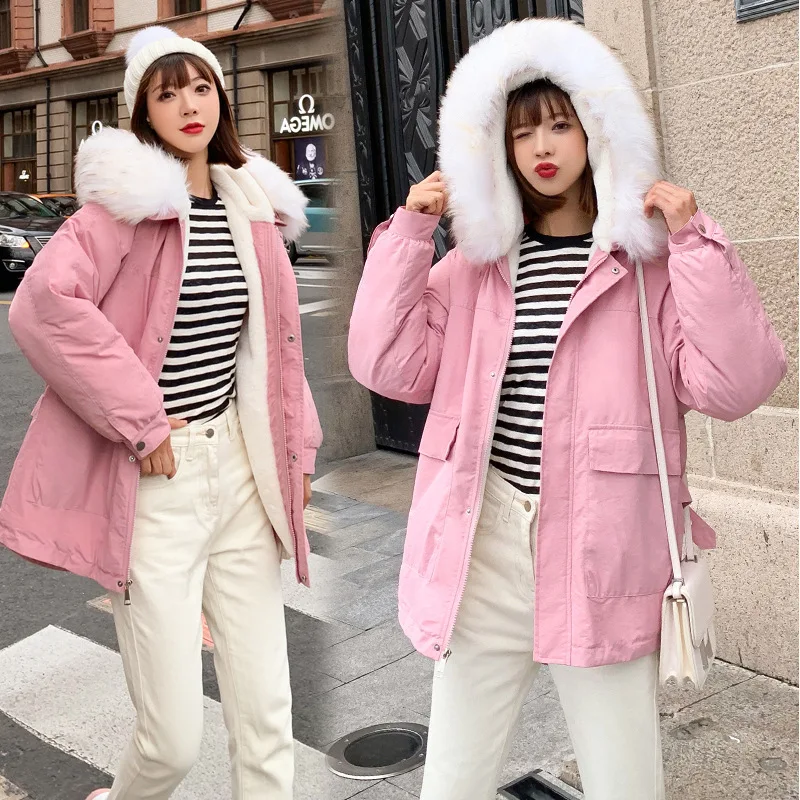 

Liner Lambs Wool Cotton Coat Women's 2019 Winter Short Large Fur Collar Thick down Jacket Cotton-padded Clothes Korean-style Loo