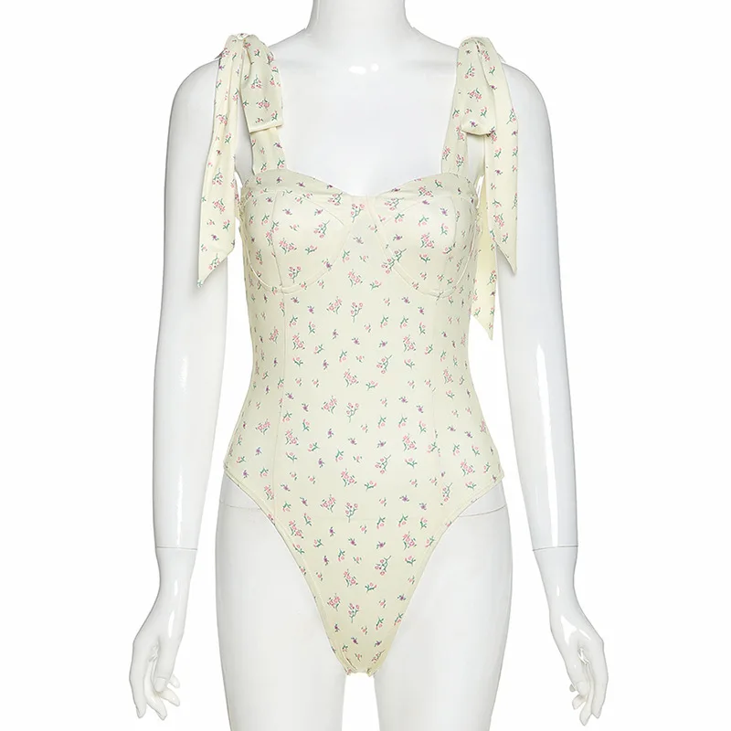 Yissang Print Floral Lace Up Bow Summer Bodysuit Women Backless Straps Corp Top Short Jumpsuit Sexy Playsuit Beach Wear Mujer
