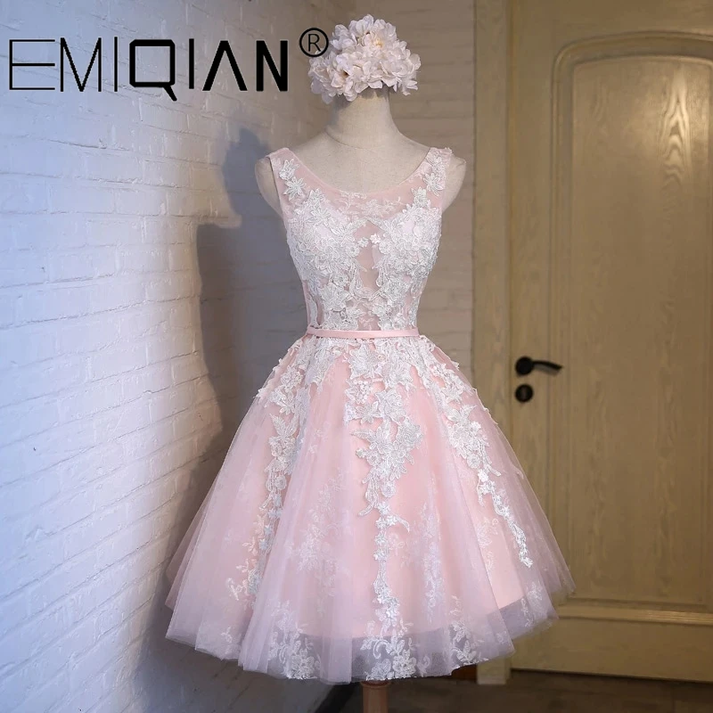 New Short Pink Lace Flower Banquet Formal Dress, Wedding Reception Dress for the Bride, Lace Short Cocktail Party Gown