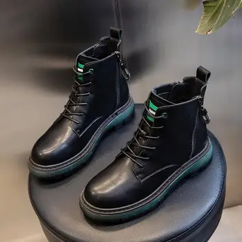 

Leather Martin boots women's mid-tube casual round toe short boots British style retro lace-up women's shoes