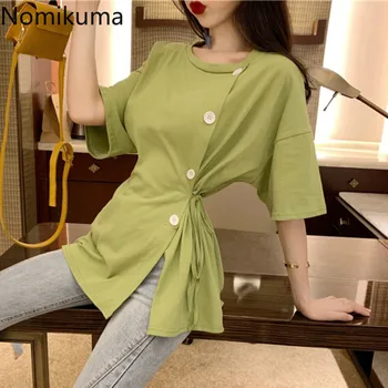 

Nomikuma Summer New O Neck Short Sleeve T Shirt Women Casual Loose Single Breasted Tshirts Female Slim Waist Tops Tee 3a805