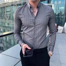 Мода мужские полосатые рубашки осень зима рубашка для мужчин с длинными рукавами приталенная Повседневная официальная блуза мужская одежда смокинг 3XL