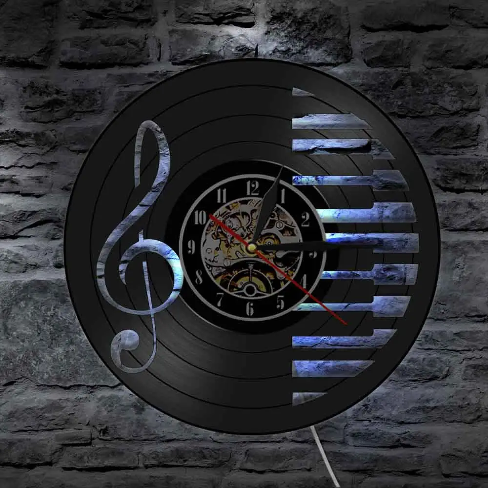 Музыкальные заметки виниловые пластинки настенные часы Элегантные черно-белые пианино ключи Настенный декор свет скрипичный ключ символ