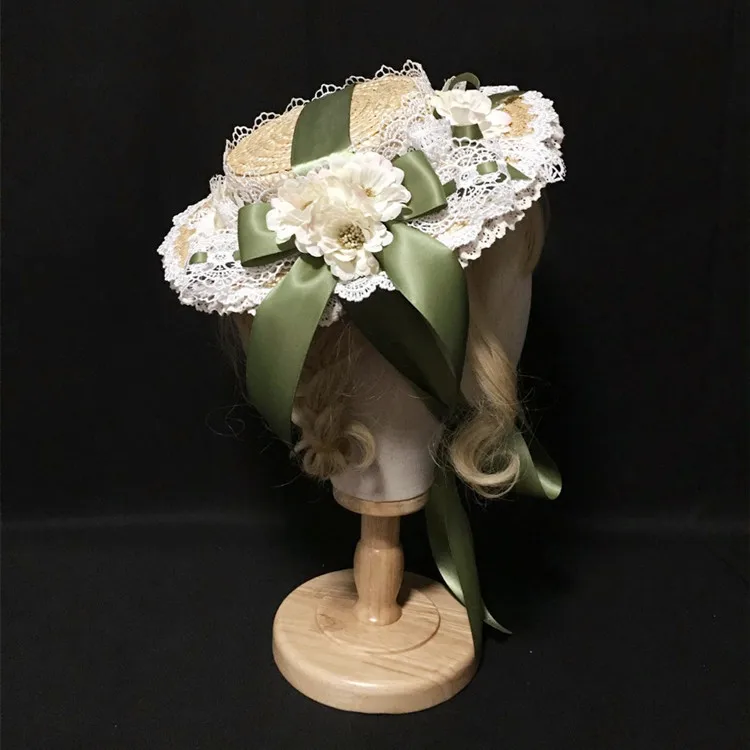 

Handmade Japanese Style Women Lolita Hat Mini Straw Sun Hat Headwear Ribbon Lace Flower Cosplay Costume Flat Fedora Hat Headwear