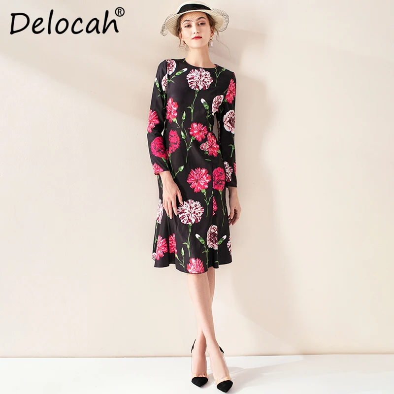 

Delocah 2019 Autumn Winter Women Dress Runway Fashion Designer Long Sleeve Floral Printed Elegant Slim Mermaid Ladys Dresses
