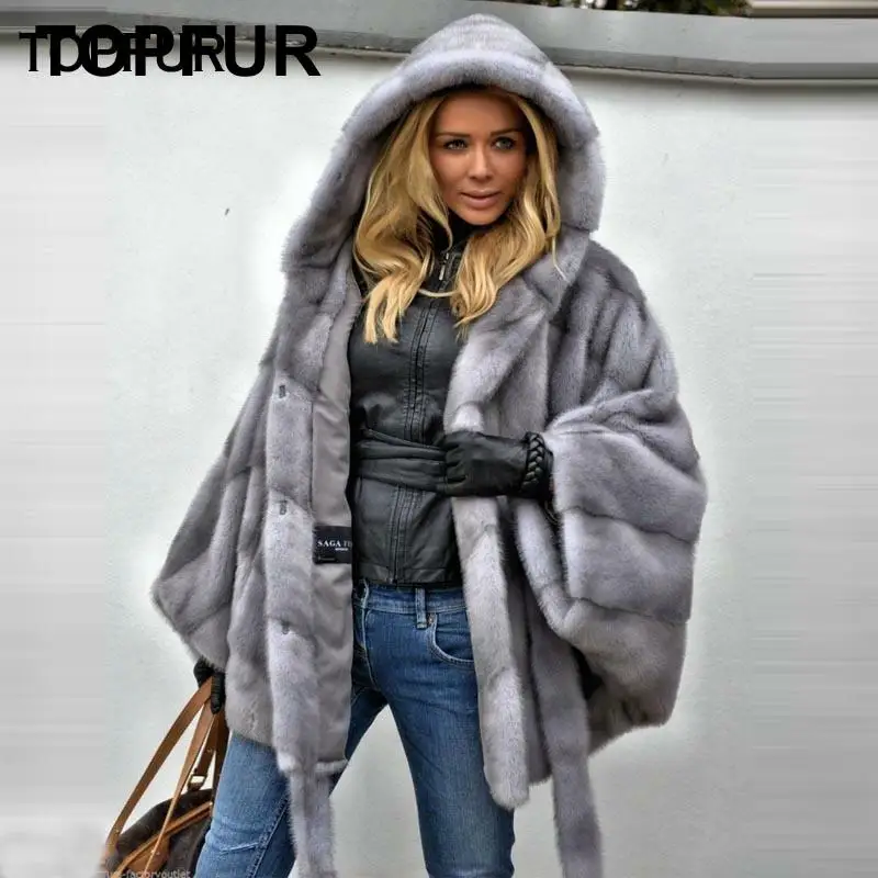 TOPFUR, Новое поступление, однотонное натуральное меховое пальто для женщин, натуральное серое Норковое меховое пальто с капюшоном, однотонное, рукав летучая мышь, теплое, Норковое