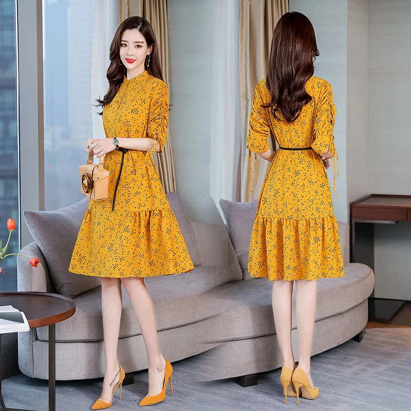 

2019 Early Spring Elegant Chiffon Dress Women's Crew Neck Lace Slim Fit Mid-length A- line Skirt Long Sleeve