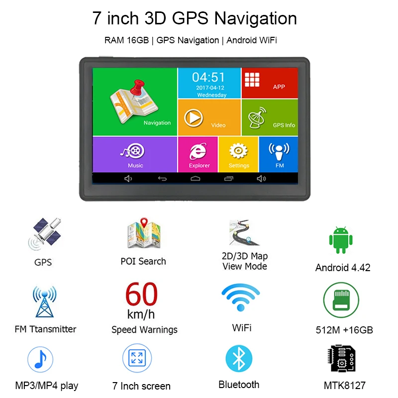 Anfilite 7 дюймовый автомобильный GPS навигатор 800*480 512M 16GB Android MT8127 четырехъядерный Cortex