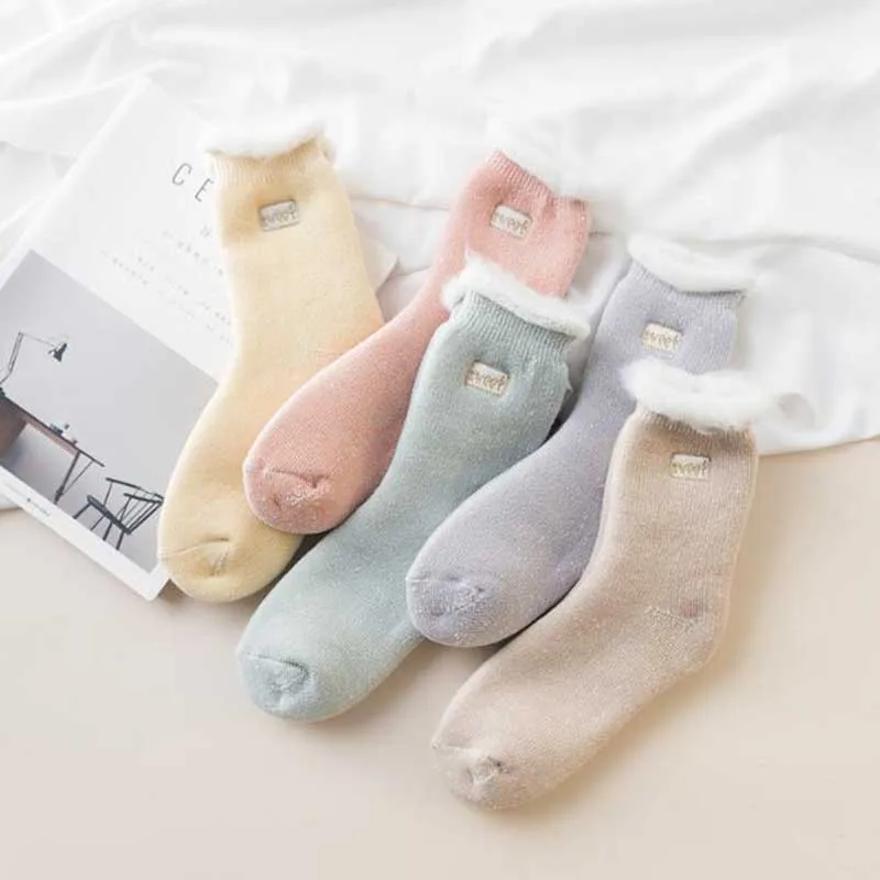 

Women Thicken Winter Warm Socks Cute Soft Fluffy Fuzzy Snow Sock Cotton Cashmere Pink Yellow Floor Sleep Thermal Socks Female