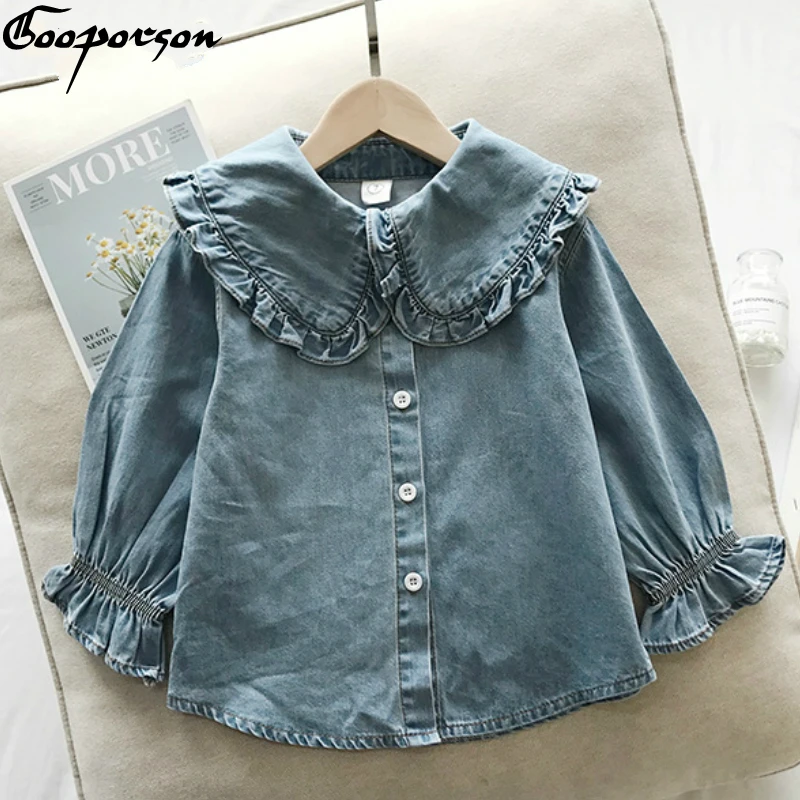 Осенняя рубашка для девочек 2019 г. детская одежда детей хлопковые джинсы с
