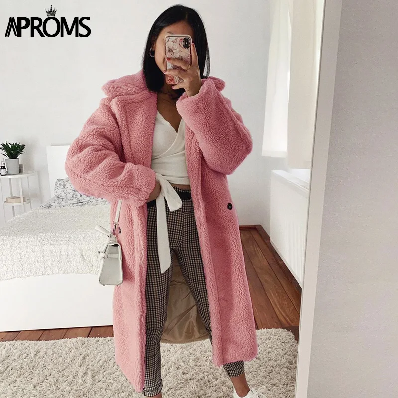 

Aproms Solid Color Faux Fur Coat Women Streetwear Pockets Button Soft Long Coats Ladies Autumn Winter Warm Teddy Basic Overcoat