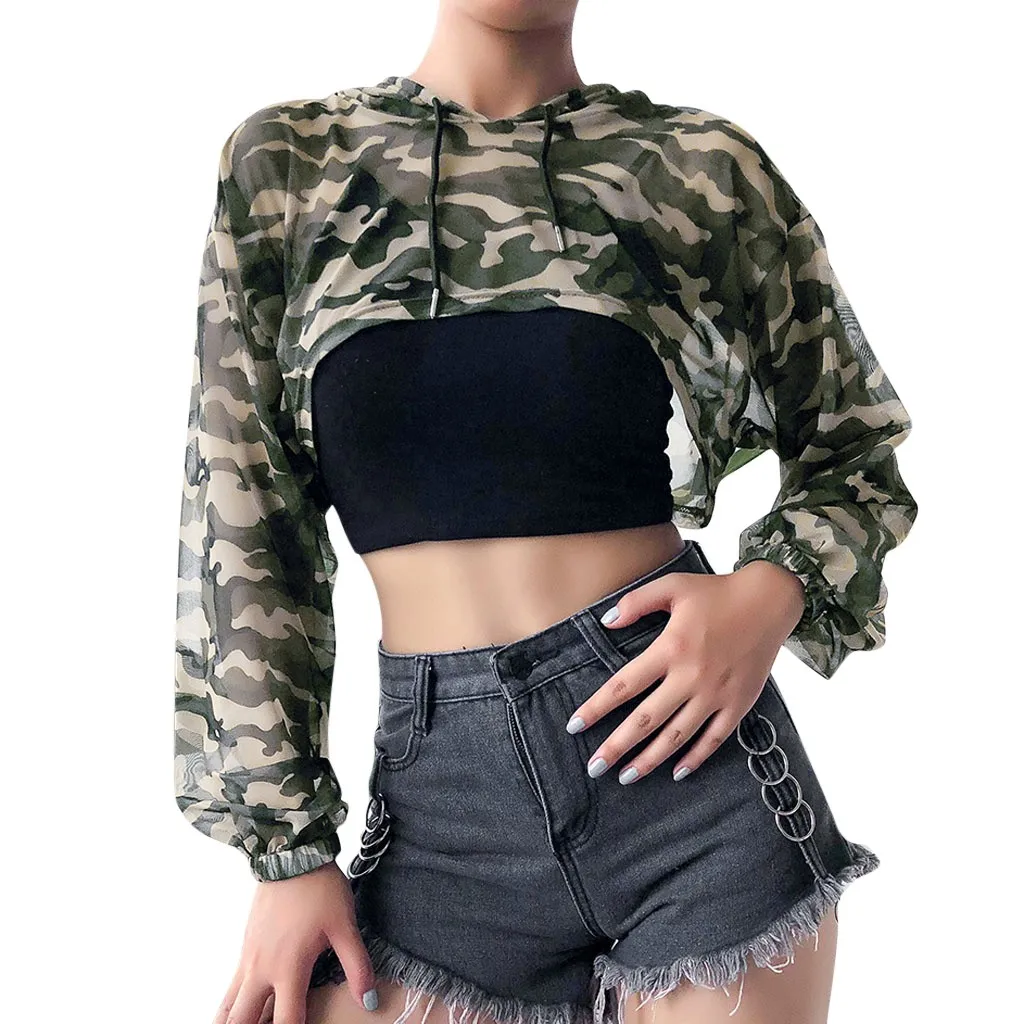 Hoodies Women Autumn 2019 Camouflage Patchwork Hooded Harajuku Streetwear Crop Top Hoodie Hoodies And Sweatshirts Women Hoody