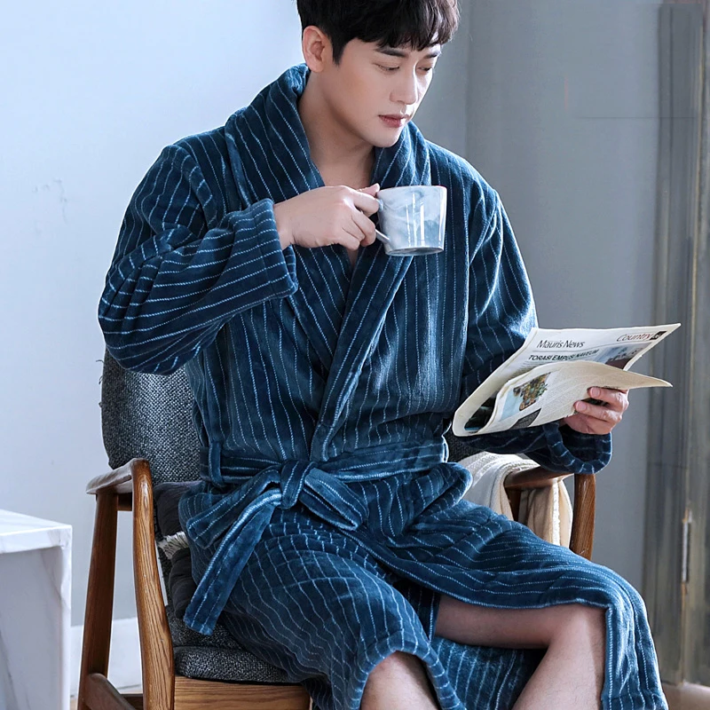 Мужской халат из кораллового флиса на осень и зиму, фланелевая теплая Пижама для мужчин, плотный халат, ночная рубашка для отдыха, негабаритная домашняя одежда для отдыха