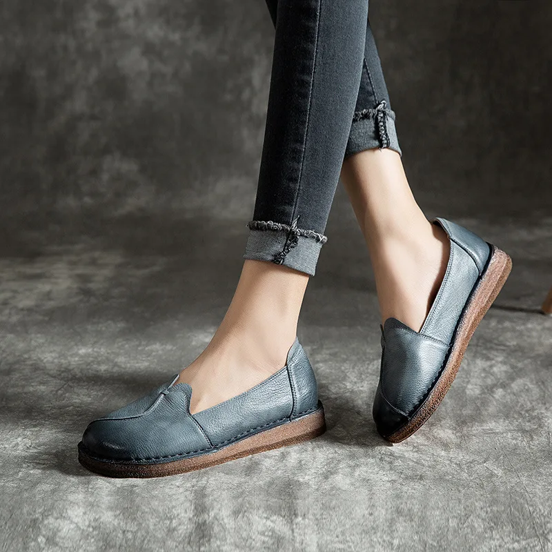 

[] 2019 Spring And Summer New Style Joint Shoes Shallow Mouth Retro WOMEN'S Genuine Leather Shoes Casual Comfortable Mom Shoe