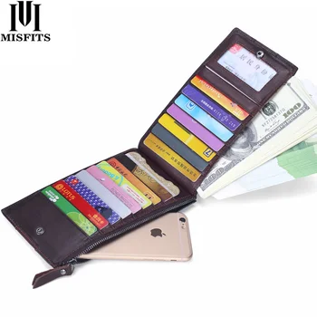 

MISFITS Men Genuine Leather Thin ID Credit Card Holder Business Male Vintage Long Purse Zipper Pocket Card Case Clutch Wallets