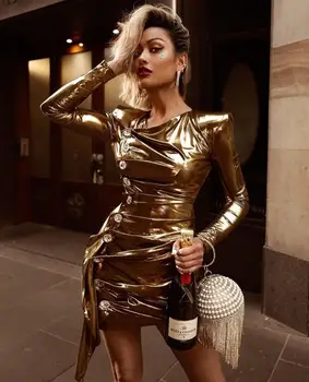 

Luxury Sexy Long Sleeve Sparkly Ruched Leather Gold Women Winter Dress 2019 Designer Fashion Evening Party Dress Vestido