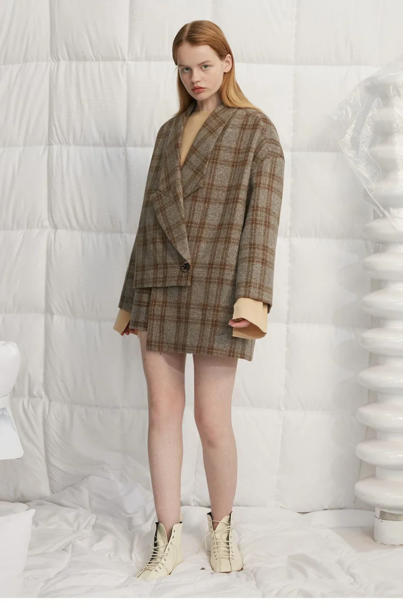 [EAM] свободное приталенное асимметричное шерстяное пальто цвета хаки в клетку большого размера, парки, новинка, длинный рукав, женская мода, Осень-зима, 1H654