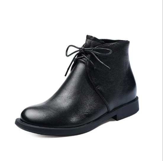 Female Genuine Cow Leather Woman Lace-up Ankle Black Boots Coffee Rubber Low Heels Height Zipper Riding Normal Size 35-40 - Цвет: black