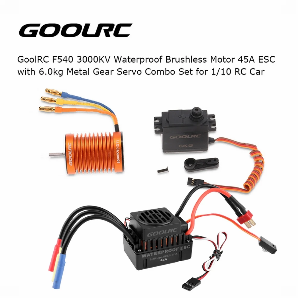 

GoolRC F540 3000KV Waterproof Brushless Motor 45A ESC with 6.0kg Metal Gear Servo Combo Set for 1/10 RC Car