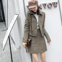 Ellacey/осенне-зимний костюм с юбкой в стиле Хепберн, корейский модный костюм с блейзером, юбка для женщин, клетчатый шерстяной комплект из двух предметов