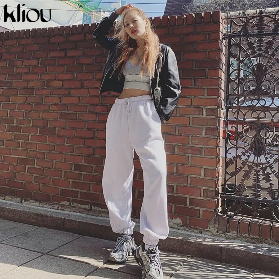 Kliou women's pants casual streetwear elastic waist drawstring cotton cargo pants autumn joggers pockets fashion trousers