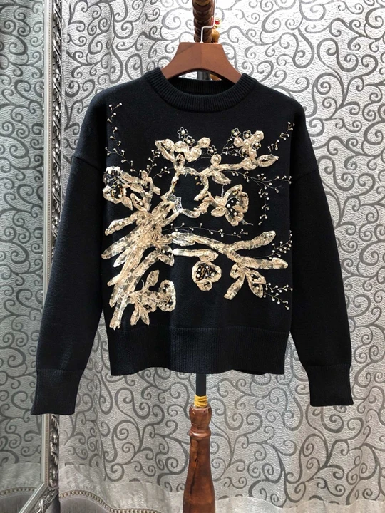 High Quality Wool Sweaters Autumn Winter Pullovers Women Appliques Flower Beading Long Sleeve Black White Knitted Jumpers