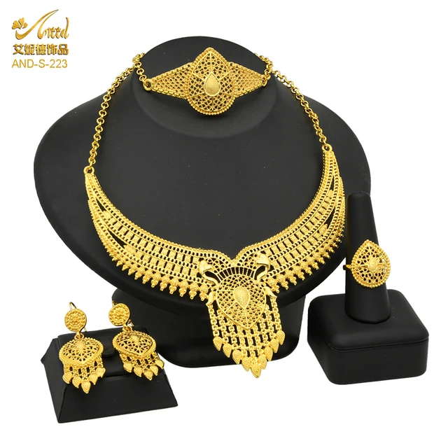 Indian Jewelry Set Wedding 24k Gold Color African Jewelry Dubai Bridal Sets Nigerian Necklace Bracelet Earring Gold Jewellery S-223-Gold