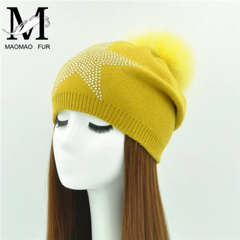 

Wool Knitted Casual Beanies Real Big Raccoon Fur Pom Pom Hat Women Warm Female Cap With Rhinestone Ladies Winter Fur Hats