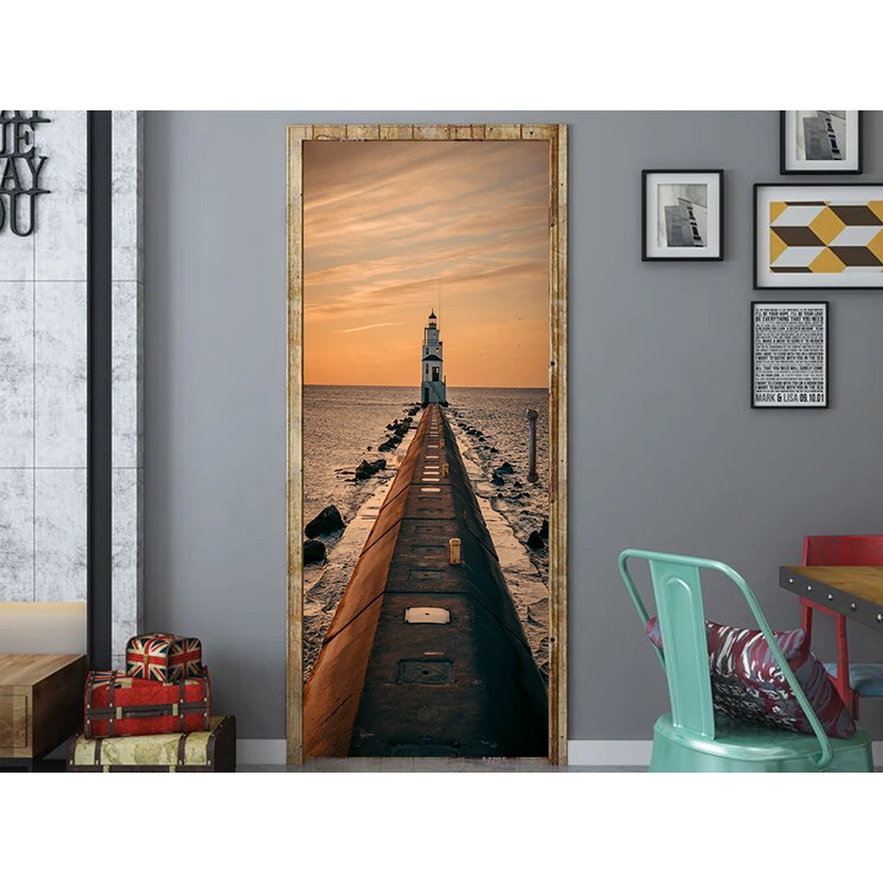 3D принт Морской Маяк, водонепроницаемая наклейка на всю дверь, креативная наклейка на дверь s, наклейка на стену, сделай сам, Фреска для спальни, домашний декор