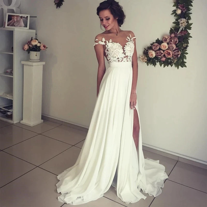 ADLN Топ прозрачное свадебное платье Vestido De Noiva с коротким рукавом Аппликация разрез сексуальное пляжное свадебное платье шифон платье невесты