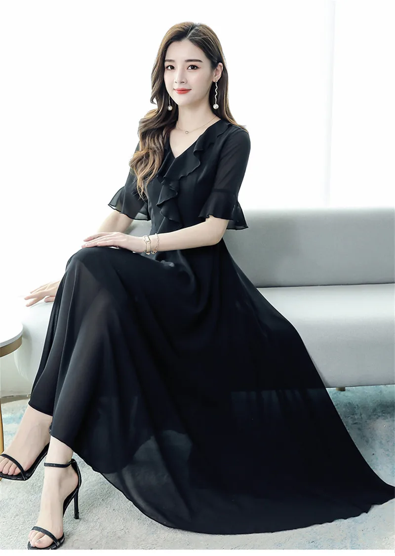 Vestido de Chiffon Moda com Decote em v Coreano Verão Nova Mangas Alargadas Magro Era Temperamento Fino Vestido Grande Balanço 2021 19 moda com decote em v mangas alargadas