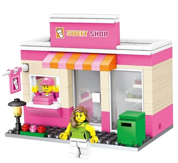 

[New] City mini street view Sweet shop food Restaurant store + figures Building blocks funny assembles game toy kids baby gift