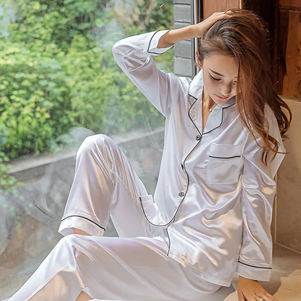 Женская шелковая пижама, атласные женские пижамы, комплекты с длинными рукавами, воротник с отложным воротником, украшение с пуговицами, топ+ штаны, женские шелковые пижамы - Цвет: Белый