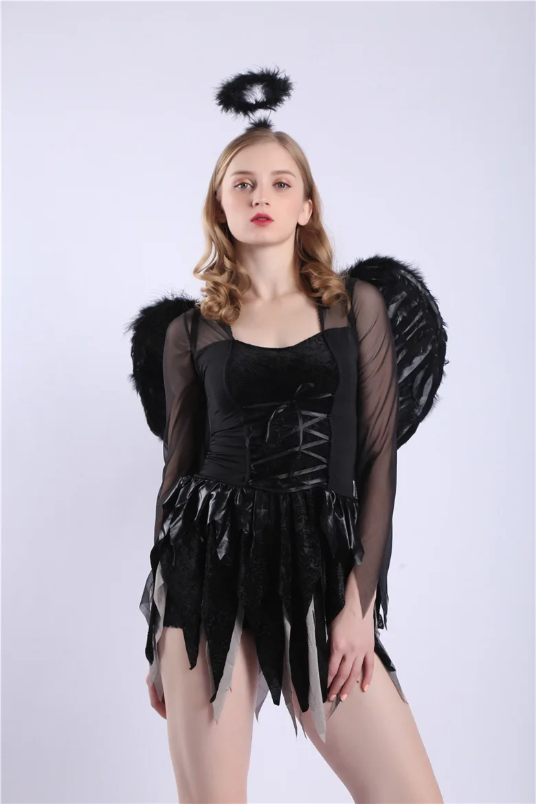 Белый, черный, Devil Fallen Angel, костюм для женщин, сексуальная праздничная одежда на Хэллоуин, готический костюм ведьмы для взрослых, нарядное платье+ головной убор+ крыло