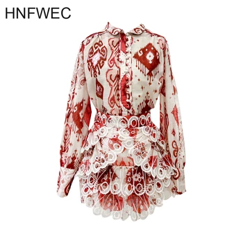 

2020 New Summer Fashion Casual Long Sleeve Hollow Out Print Top Embroidery High Waist Short Skirt Two-piece Set Women U956
