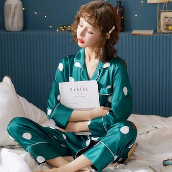 

Spring Autumn Pajamas Women's Silk Silk Fabrics Greenish Blue Middle-aged Large Size South Korean Silk Thin Home Wear Four S