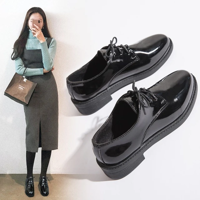 Zapatos Oxford de cuero negro con cordones para mujer, zapatos Brogue, zapatos de plataforma de tacón bajo, zapatos de talla grande _ - AliExpress Mobile
