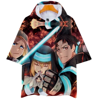 

Fire brigade Japanese cartoon 3D cos hot short-sleeved hooded T-shirt unisex couple Leisure Print Novelty Top Luxury Harajuku