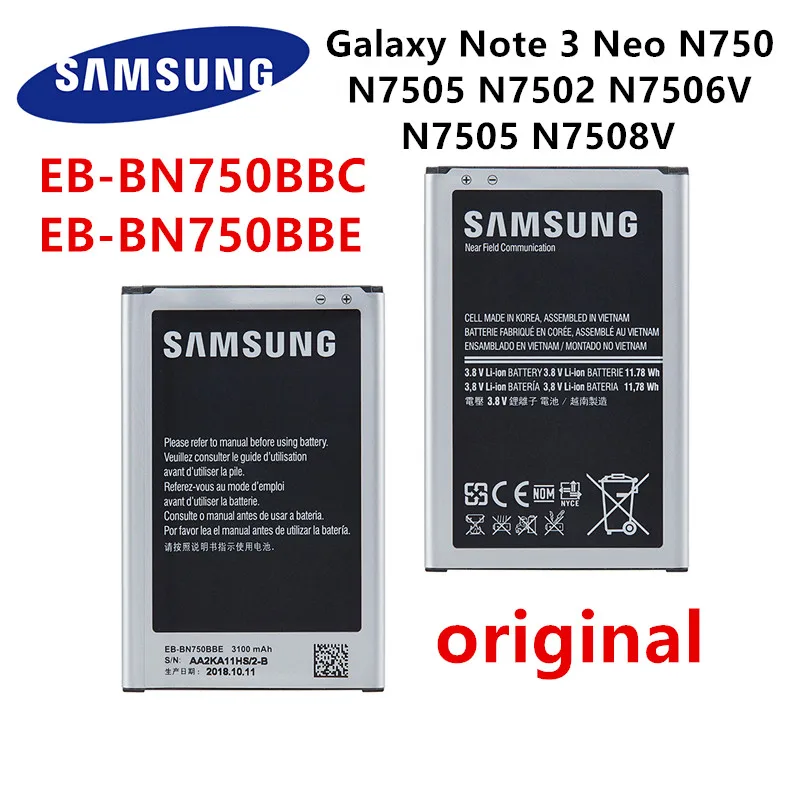 Оригинальная планшетория SAMSUNG аккумулятор 3100 мАч для Samsung Galaxy Note 3 NEO mini N7506V EB-BN750CBE